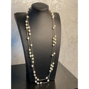 Long Faux Pearl Necklace With Silver Chain Links